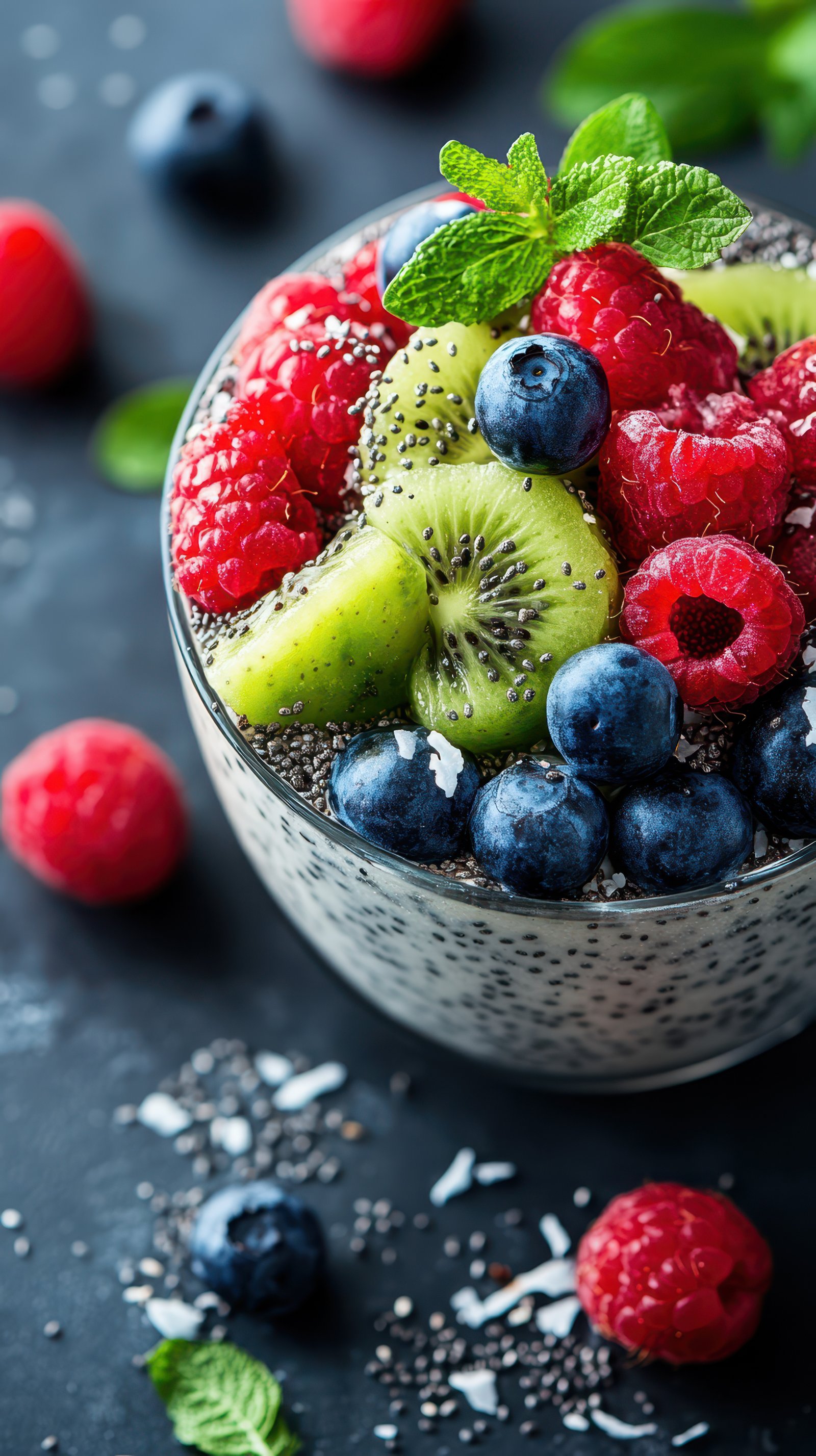 Colorful fruit parfait with chia seeds and mint served in a glass bowl on a dark background
